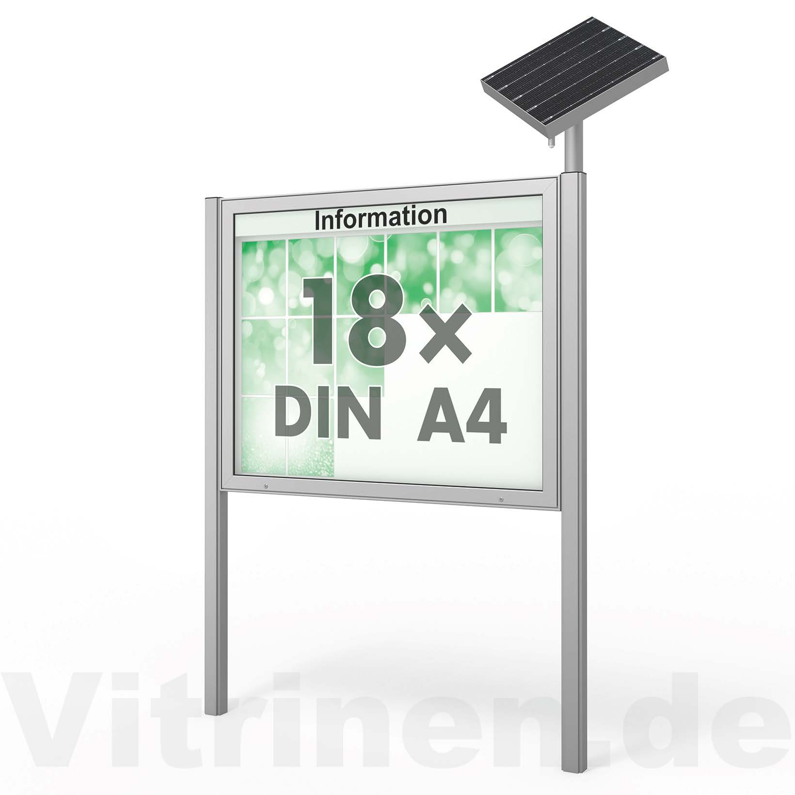 18 x DIN A4 Schaukasten Plenum eckig - der "Klassiker" mit Solar-Modul und Pfosten - Bautiefe 100mm
