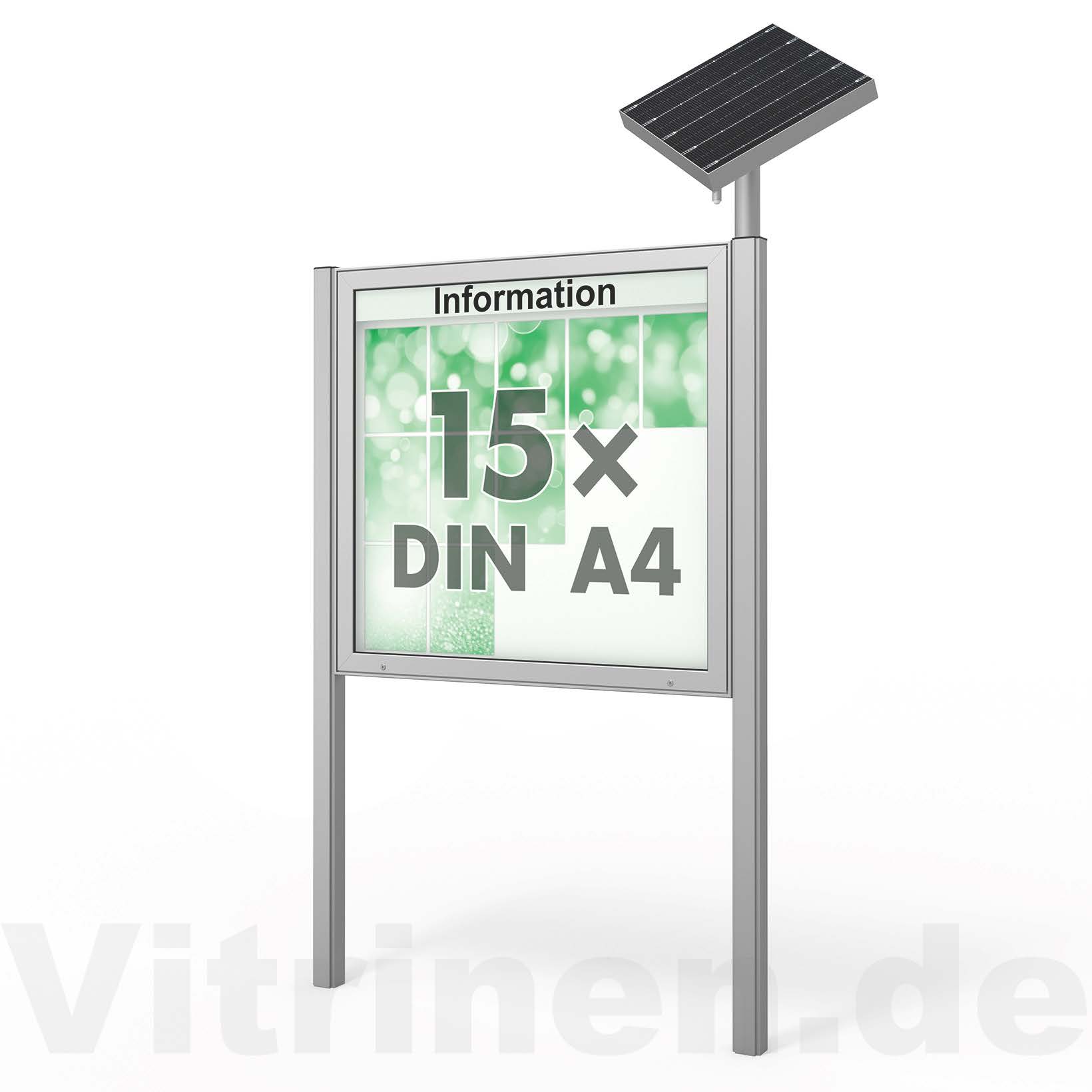 15 x DIN A4 Schaukasten Plenum eckig - der "Klassiker" mit Solar-Modul und Pfosten - Bautiefe 100mm